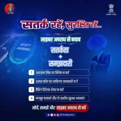#साइबर_अपराध से बचने के लिए जरूरी है कि अपनी निजी जानकारी किसी से साझा न करें।
#राजस्थान_पुलिस आपके साथ है, साइबर धोखाधड़ी से बचें और सुरक्षित रहें!