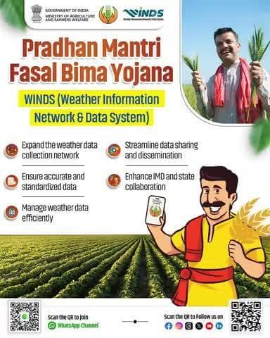 पीएमएफबीवाई के तहत WINDS प्रणाली से मौसम डेटा सटीकता बढ़ेगी, जिससे किसानों को सही पूर्वानुमान व सुरक्षा मिलेगी!
#PMFBY