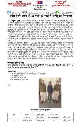 #कोटा_शहर_पुलिस 
#थाना_गुमानपुरा टीम द्वारा अवैध देशी शराब के 54 पव्वे के साथ अभियुक्त गिरफ्तार ।
कोटा शहर पुलिस सदैव आपकी सेवा में तत्पर।
