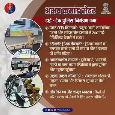 #अभय_कमांड_सेंटर – सुरक्षित राजस्थान की नई पहचान!
आपकी सुरक्षा, हमारी जिम्मेदारी!
#राजस्थान_पुलिस का हाईटेक अभय कमांड सेंटर हर पल आपकी सुरक्षा के लिए तैयार है।
