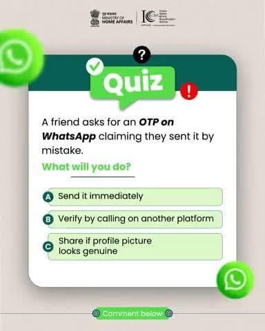 #WhatsAppSafeWithCyberDost Quiz सीरीज का आखिरी सवाल।
अपना जवाब कमेंट करें : https://www.instagram.com/p/DIbIw6OzmrH/?igsh=MXRobTMxZmxsbHl6Ng==