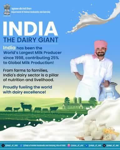 India – The Dairy Giant!
✅ World’s Largest Milk Producer since 1998 
 ✅ 25% of Global Milk Production 
 ✅ Powering Nutrition & Livelihoods
Nourishing the world with dairy excellence!
#IndiaDairyGiant #MilkPower #DairyExcellence