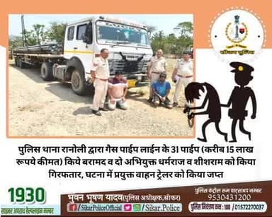 #सीकर
🔻पुलिस थाना रानोली द्वारा गैस पाईप लाईन के 31 पाईप (करीब 15 लाख रूपये कीमत) किये बरामद व दो अभियुक्त धर्मराज व शीशराम को किया गिरफतार, घटना में प्रयुक्त वाहन ट्रेलर को किया जप्त
#थाना_रानोली