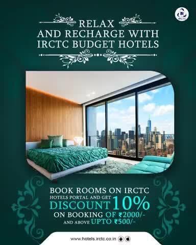 #Offer alert! 
Save 10% on reservations of Rs. 2000 up to Rs. 500.  
Visit www.hotels.irctc.co.in