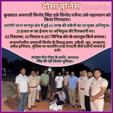 #दौसा_पुलिस
पुलिस अधीक्षक जिला दौसा #श्री_सागर_राणा_आईपीएस के निर्देशन में की गई सम्पूर्ण कार्यवाही ।
3 पिस्टल व 257 कारतूस के साथ अपराधी को किया गिरफ्तार, 65 लाख लूट की वारदात में वांटेड था विनोद पथैना, लूट, रंगदारी, पुलिस पर फायरिंग सहि