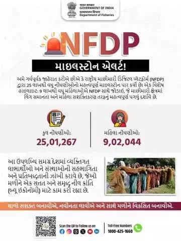 NFDPનો મોટો માઇલસ્ટોન!
માછીમારી ક્ષેત્ર માટે ગર્વની વાત—25 લાખથી વધુ લોકો અને 9 લાખથી વધુ મહિલાઓએ NFDPમાં નોંધણી કરી છે.
હવે જ જોડાઓ: nfdp.dof.gov.in
કૉલ કરો: 1800-425-1660
#PMMKSSY #MinistryOfFisheries