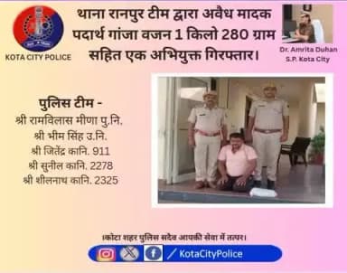 #कोटा_शहर_पुलिस
#थाना_रानपुर टीम द्वारा अवैध मादक पदार्थ गांजा वजन 1 किलो 280 ग्राम सहित एक अभियुक्त गिरफ्तार।
कोटा शहर पुलिस सदैव आपकी सेवा में तत्पर।