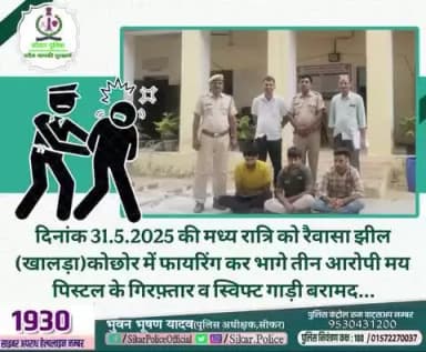 #सीकर
🔻दिनांक 31.5.2025 की मध्य रात्रि को रैवासा झील (खालड़ा)कोछोर में फायरिंग कर भागे तीन आरोपी मय पिस्टल के गिरफ़्तार व स्विफ्ट गाड़ी बरामद...
#थाना_जीणमाता
#TeamSikarPolice