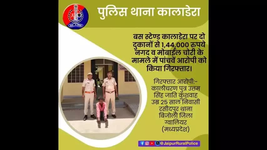पुलिस थाना #कालाडेरा ने चोरी के मामले में पांचवें आरोपी कालीचरण कुशवाह को किया गिरफ्तार।