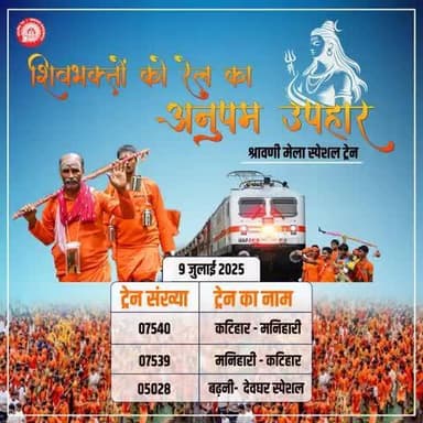 शिव भक्ति 🙏 का सफर🚄, अब और आसान!
श्रावणी मेले की यात्रा सुगम बनाने के लिए भारतीय रेल चला रही स्पेशल ट्रेनें।🇮🇳
@railminindia @mygovindia @EBSB_Edumin #indianrailway