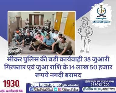 #सीकर
🔸सीकर पुलिस की बडी कार्यवाही 38 जुआरी गिऱफ्तार एवं जुआ राशि के 14 लाख 50 हजार रूपये नगदी बरामद
#थाना_कोतवाली_फतेहपुर
#TeamSikarPolice
#भारतीय_न्याय_संहिता