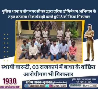 #सीकर
🔸पुलिस थाना उधोग नगर सीकर द्वारा एरिया डोमिनेशन अभियान के तहत तत्परता से कार्यवाही करते हुये 18 को किया गिरफ्तार
▪️स्थायी वारन्टी, 03 राजकार्य में बाधा के वांछित आरोपीगण भी गिरफ्तार
#थाना_उद्योगनगर
