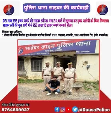 जिला पुलिस अधीक्षक दौसा #श्री_सागर_राणा_आईपीएस के निर्देशन में पुलिस थाना #साइबर व #साइबर_सेल ने 3.80 लाख रुपए की साइबर ठगी का 24 घण्टे में खुलासा कर आरोपी शेखर उर्फ सोमेश मखीजा (मध्यप्रदेश)को किया गिरफ्तार।
#Pscyber_dausa
#dausaPolice