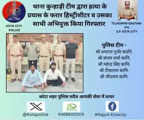 #कोटा_शहर_पुलिस
#थाना_कुन्हाड़ी टीम द्वारा हत्या के प्रयास के फरार हिस्ट्रीशीटर व उसका साथी अभियुक्त किया गिरफ्तार ।
कोटा शहर पुलिस सदैव आपकी सेवा में तत्पर।