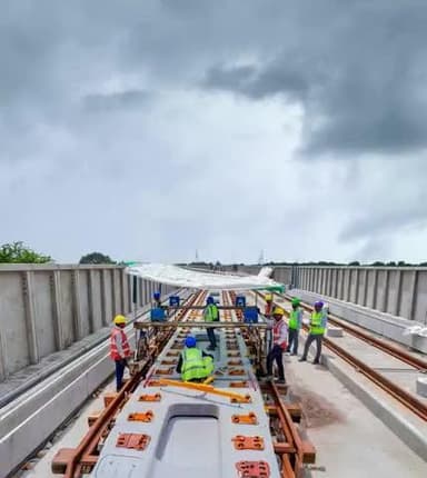 Even as monsoon rains pour, progress does not pause. Track slab installation on the viaduct is in full swing laying the foundation for India’s first #BulletTrain project. 🚄
@railminindia