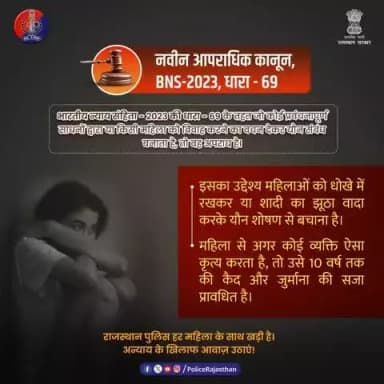 यदि कोई व्यक्ति शादी करने का झूठा वादा करके या किसी अन्य प्रकार का धोखा देकर यौन संबंध बनाता है, तो अब भारतीय न्याय संहिता ( BNS-2023 ) की धारा - 69 के तहत एक गंभीर अपराध है।
#RajasthanPolice
#WomensSafety