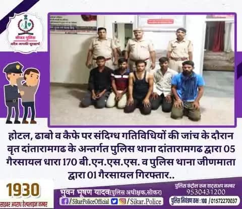 #सीकर
🔸होटल, ढाबो व कैफे पर संदिग्ध गतिविधियों की जांच के दौरान वृत दांतारामगढ के अन्तर्गत पुलिस थाना दांतारामगढ द्वारा 05 गैरसायल धारा 170 बी.एन.एस.एस. व पुलिस थाना जीणमाता द्वारा 01 गैरसायल गिरफ्तार..
#थाना_दांतारामगढ़