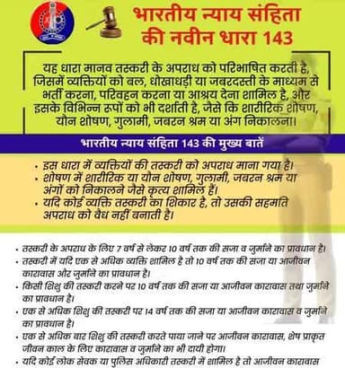 भारतीय न्याय संहिता की नवीन धारा 143
यह धारा #मानव_तस्करी के अपराध को परिभाषित करती है