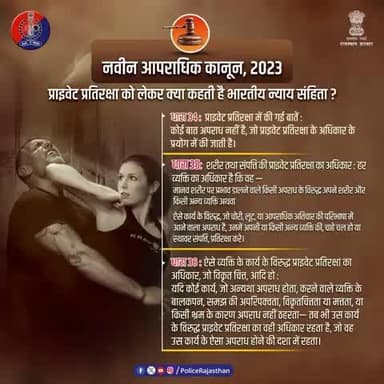नवीन आपराधिक कानून 2023 के बीएनएस की धारा 34, 35 और 36 प्राइवेट प्रतिरक्षा से संबंधित हैं।
#RajasthanPolice
#BNS2023
#भारतीय_न्याय_संहिता