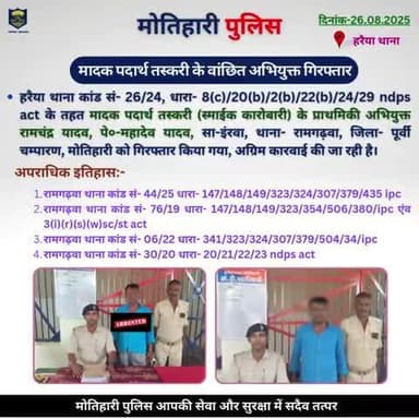मादक पदार्थ तस्करी के वांछित अभियुक्त गिरफ्तार..
@bihar_police @iprdbihar