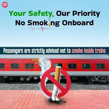 Travel Safe, Travel Mindful!
Smoking inside trains is prohibited under Section 167 of the Railway Act and violations endanger passenger safety. Be a #ResponsibleRailYatri.
@railminindia