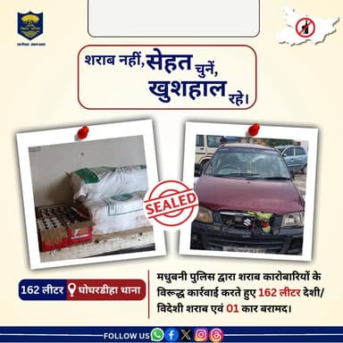 मधुबनी पुलिस द्वारा 162 लीटर देशी/विदेशी शराब एवं 01 कार को घोघरडीहा थाना क्षेत्र से जप्त किया गया।