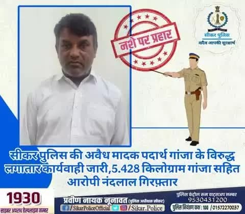 #सीकर
🔸सीकर पुलिस की अवैध मादक पदार्थ गांजा के विरुद्ध लगातार कार्यवाही जारी,5.428 किलोग्राम गांजा सहित आरोपी नंदलाल गिरफ़्तार
#थाना_उद्योगनगर
#TeamSikarPolice
