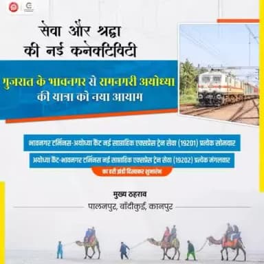 🚉 भावनगर टर्मिनस - अयोध्या कैंट के बीच नई साप्ताहिक एक्सप्रेस ट्रेन का शुभारंभ!
संस्कृति और कनेक्टिविटी का संगम।
📅 03 अगस्त 2025
#IndianRailways #RailConnectivity #भावनगरअयोध्याएक्सप्रेस