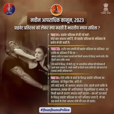 नवीन आपराधिक कानून 2023 भारतीय न्याय संहिता की धारा 34, 35 और 36 प्राइवेट प्रतिरक्षा से संबंधित हैं।
#JhunjhunuPolice
#भारतीय_न्याय_संहिता
#भारतीय_नागरिक_सुरक्षा_संहिता
