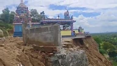 கே.வி.குப்பம்: ஆலங்கனேரி செம்பட்டரை பகுதியில் முருகன் ஆலயத்தின் சுற்றுசுழற் சரிந்து 100 அடி பள்ளத்தில் விழுந்து சேதம் பக்தர்கள் அச்சம்