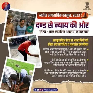 न्याय का नया अध्याय : अब छोटे अपराधों में सज़ा नहीं, सुधार को अपनाया गया है।
दण्ड से न्याय की ओर – नवीन आपराधिक कानून 2023 का उद्देश्य।
सामुदायिक सेवा से अपराधियों को मिल रहा नया जीवन और समाज से जु