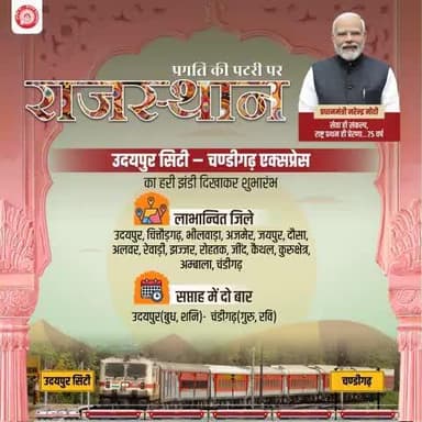 उदयपुर सिटी–चण्डीगढ़ एक्सप्रेस ट्रेन सेवा के संचालन से राजस्थान, हरियाणा और चंडीगढ़ के लोगों को विशेष लाभ होगा। साथ ही व्यापार एवं पर्यटन को मिलेगा बढ़ावा। #VandeBharatExpress #RailInfra4Rajasthan