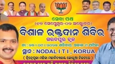 ପାଟକୁରା: ସେବା ପକ୍ଷ ଉପଲକ୍ଷେ ଗରଦପୁର ବ୍ଲକ ଚିତ୍ରୋତ୍ପଳା ମହାବିଦ୍ୟାଳୟ ନିକଟରେ ଆସନ୍ତାକାଲି ସ୍ବେଛାକୃତ ରକ୍ତଦାନ ଶିବିର