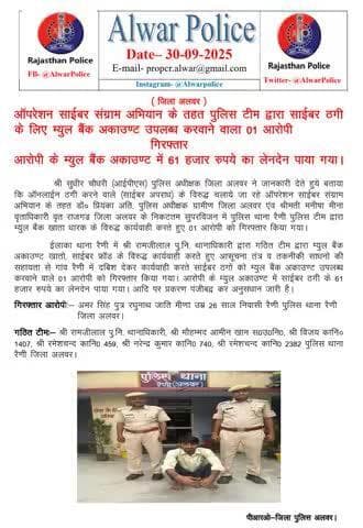 साईबर ठगी के लिए म्युल बैंक अकाउण्ट उपलब्ध करवाने वाला 1 आरोपी गिरफ्तार आरोपी के म्युल बैंक अकाउण्ट में 61 हजार रुपये का लेनदेन पाया गया।
#OperationCyberSangram
#RajasthanPolice
#CyberCrimeAwareness