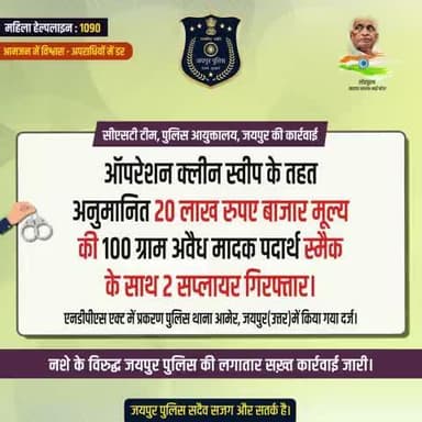 सीएसटी टीम, जयपुर की कार्रवाई।
ऑपरेशन क्लीन स्वीप के तहत अनुमानित 20 लाख रुपए बाजार मूल्य की 100 ग्राम अवैध मादक पदार्थ स्मैक के साथ 2 सप्लायर गिरफ्तार