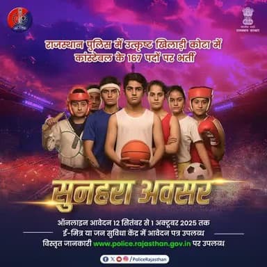 खेल का जुनून, अब सेवा का सम्मान!
राजस्थान पुलिस में उत्कृष्ट खिलाड़ी कोटा के तहत 167 कॉन्स्टेबल पदों पर भर्ती का सुनहरा अवसर