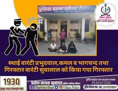 #सीकर
🔸स्थाई वारंटी प्रभुदयाल,कमल व भागचन्द तथा गिरफ्तार वारंटी सुवालाल को किया गया गिरफ्तार
#थाना_अजीतगढ़
#TeamSikarPolice
#भारतीय_न्याय_संहिता