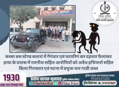 #सीकर
🔸कस्बा बस स्टेण्ड बलारां में गैगंवार एवं फायरिगं कर दहशत फैलाकर हत्या के प्रयास में रजनीश सहित आरोपियों को अवैध हथियारो सहित किया गिरफ्तार एवं घटना में प्रयुक्त थार गाडी जब्त
#TeamSikarPolice
#भारतीय_न्याय_संहिता