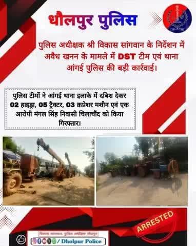पुलिस अधीक्षक श्री विकास सांगवान के निर्देशन में अवैध खनन के मामले में DST टीम एवं थाना आंगई पुलिस की बड़ी कार्रवाई।