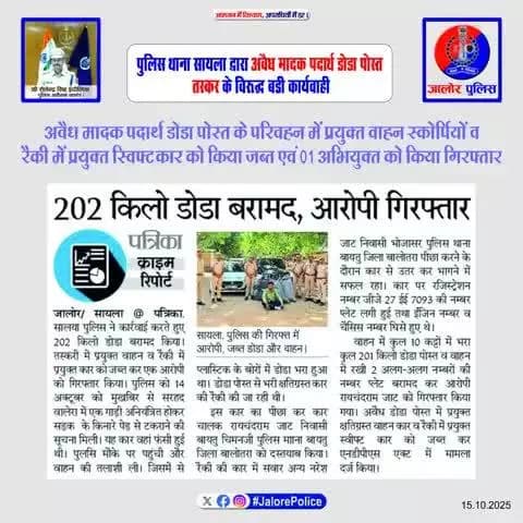 पुलिस थाना #सायला द्वारा अवैध मादक पदार्थ #डोडा_पोस्त
तस्कर के विरूद्व बडी #कार्यवाही :-