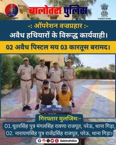 #Balotra: ऑपरेशन वज्रप्रहार के तहत 2 अवैध पिस्टल & 3 कारतूस बरामद
मुलजिम चुतरसिंह व नारायणसिंह गिरफ्तार
#BalotraPolice