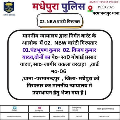 परमानन्दपुर थाना अंतर्गत 02. NBW वारंटी को मधेपुरा पुलिस ने किया गिरफ्तार।अग्रिम करवाई की जा रही है |
Bihar Police