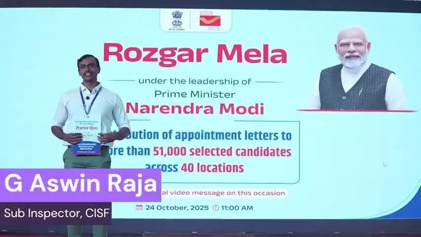Rozgar Mela at Tiruchirappalli-TN on 24.10.2025.
A video byte of the cherished appointee.