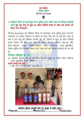कटिहार जिला के बलरामपुर थाना पुलिस द्वारा अवैध शराब के विरूद्ध कारवाई करते हुए एक टेम्पू से कुल-42 लीटर विदेशी शराब के साथ एक तस्कर को किया गया गिरफ्तार।