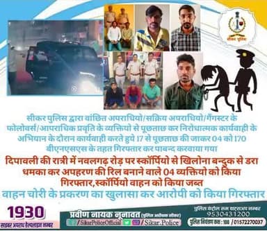 #सीकर
🔸सीकर पुलिस द्वारा वांछित अपराधियो/सक्रिय अपराधियो/गैंगस्टर के फोलोवर्स/आपराधिक प्रवृति के व्यक्तियो से पूछताछ कर निरोधात्मक कार्यवाही के अभियान के दौरान कार्यवाही करते हुये 17 से पूछताछ की जाकर 04 को 170 बीएनएसएस के तहत गिरफ्तार कर