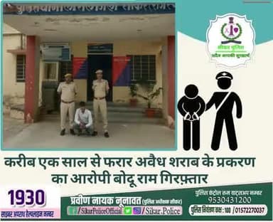 #सीकर
🔸करीब एक साल से फरार अवैध शराब के प्रकरण का आरोपी बोदू राम गिरफ़्तार
#थाना_लोसल
#TeamSikarPolice
#भारतीय_न्याय_संहिता