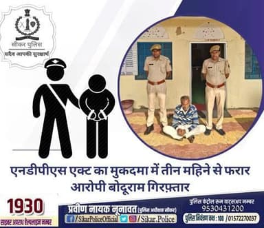 #सीकर
🔸एनडीपीएस एक्ट का मुकदमा में तीन महिने से फरार आरोपी बोदूराम गिरफ़्तार
#थाना_खाटूश्यामजी_सदर
#TeamSikarPolice
#भारतीय_न्याय_संहिता