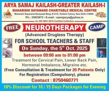 FREE Neurotherapy Camp for teachers/staff! Relief for Cervical/Back Pain, Migraine, etc. Oct 5th, 9am-1pm.