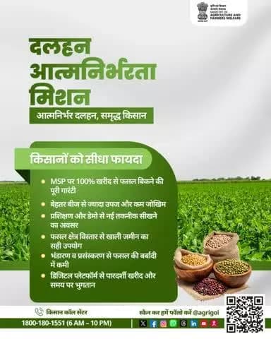 दलहन आत्मनिर्भरता मिशन किसानों को देगा सीधा लाभ, फसल की 100% खरीद की गारंटी।
#AgriGoI #PulsesMission #MSP