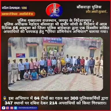 🚨 बाँसवाड़ा_पुलिस
एक दिवसीय #एरिया_डोमिनेशन_अभियान
(05 अक्टूबर 2025)
🔰उक्त अभियान के तहत समस्त थानो द्वारा कुल 64 टीमो ...